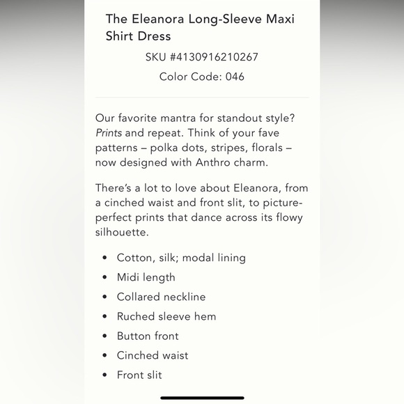 Anthropologie NWT The Eleanora Long-Sleeve Maxi Shirt Dress size XS. - Picture 6 of 16